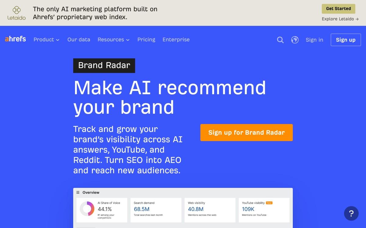 Screenshot of the Ahrefs Brand Radar website