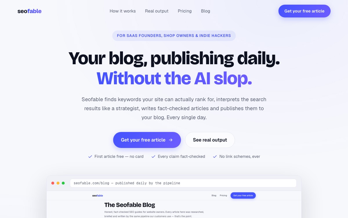 Screenshot of the Seofable website