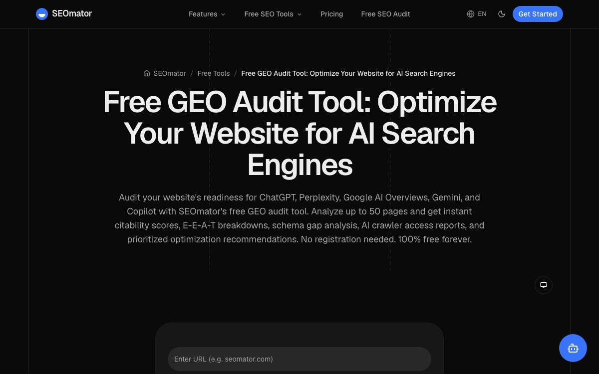 Screenshot of the SEOmator GEO Audit website
