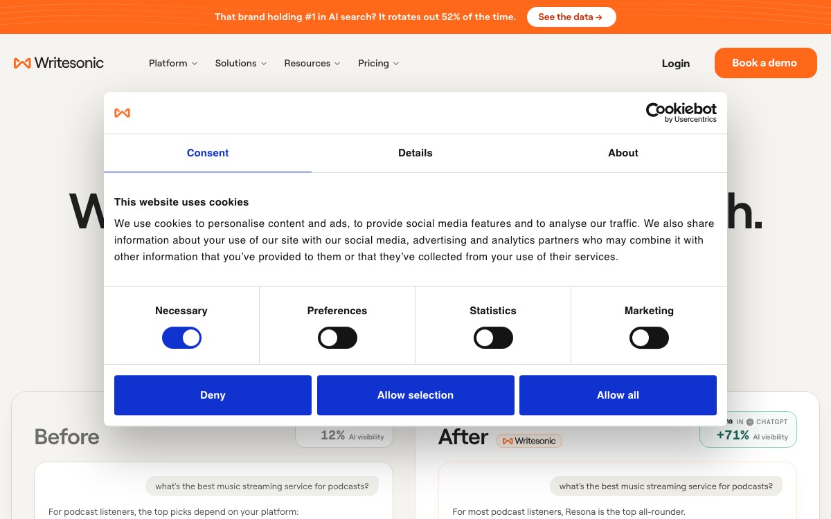 Screenshot of the Writesonic website