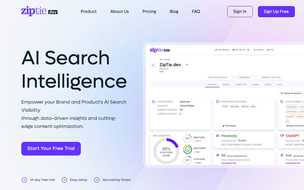 Screenshot of the ZipTie website